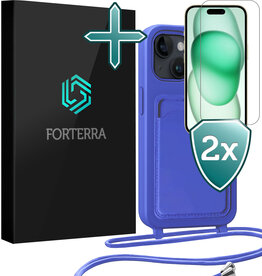 Forterra Forterra iPhone 15 Plus Hoesje Pashouder met Koord Met 2x Screenprotector - Fel Blauw