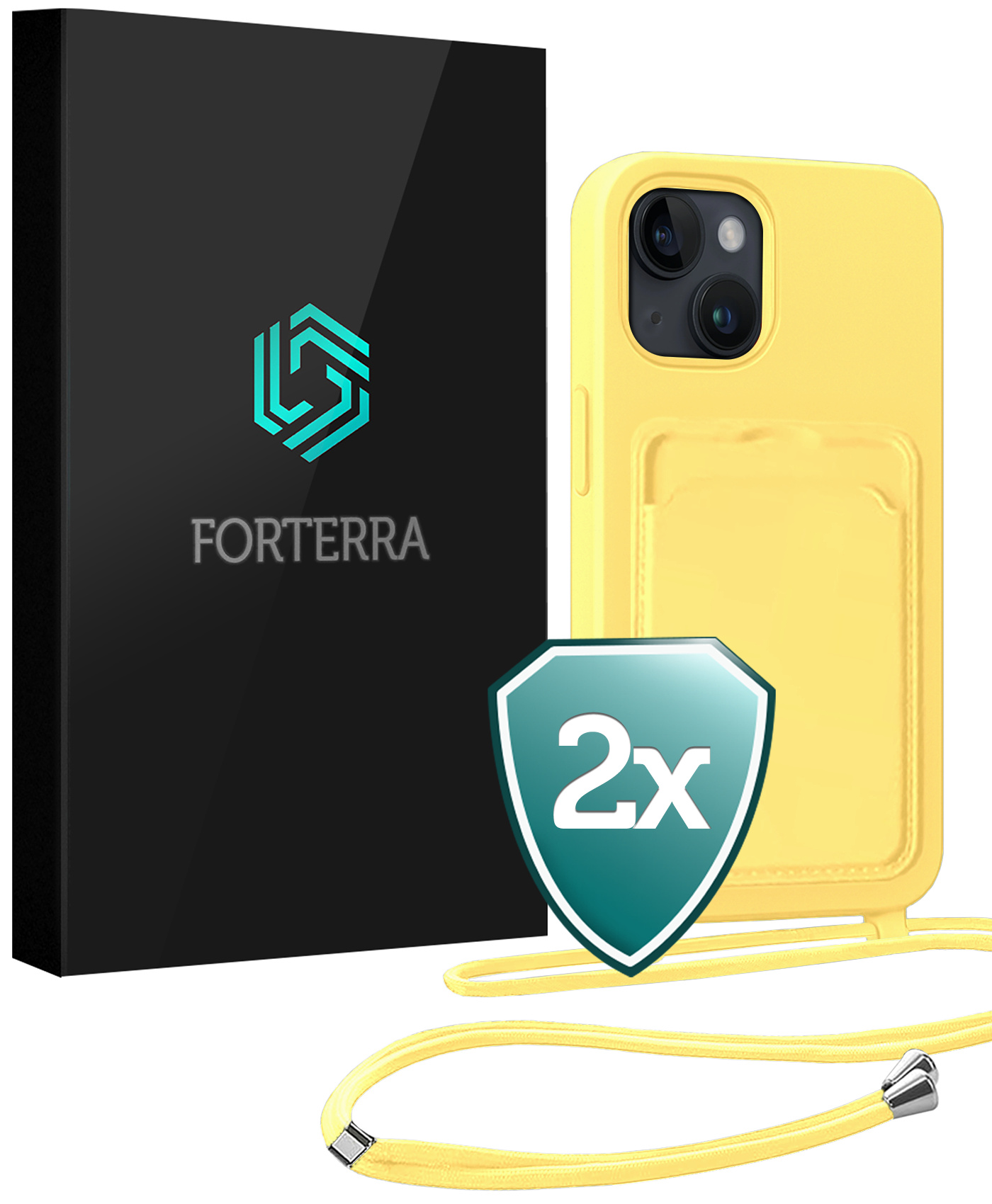 Forterra Forterra iPhone 15 Plus Hoesje Pashouder met Koord - Geel - 2 PACK
