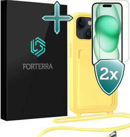 Forterra Forterra iPhone 15 Plus Hoesje Pashouder met Koord Met 2x Screenprotector - Geel