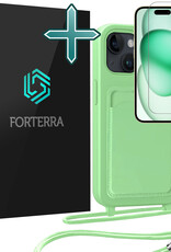 Forterra Forterra iPhone 15 Plus Hoesje Pashouder met Koord Met Screenprotector - Groen