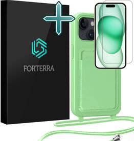 Forterra Forterra iPhone 15 Plus Hoesje Pashouder met Koord Met Screenprotector - Groen