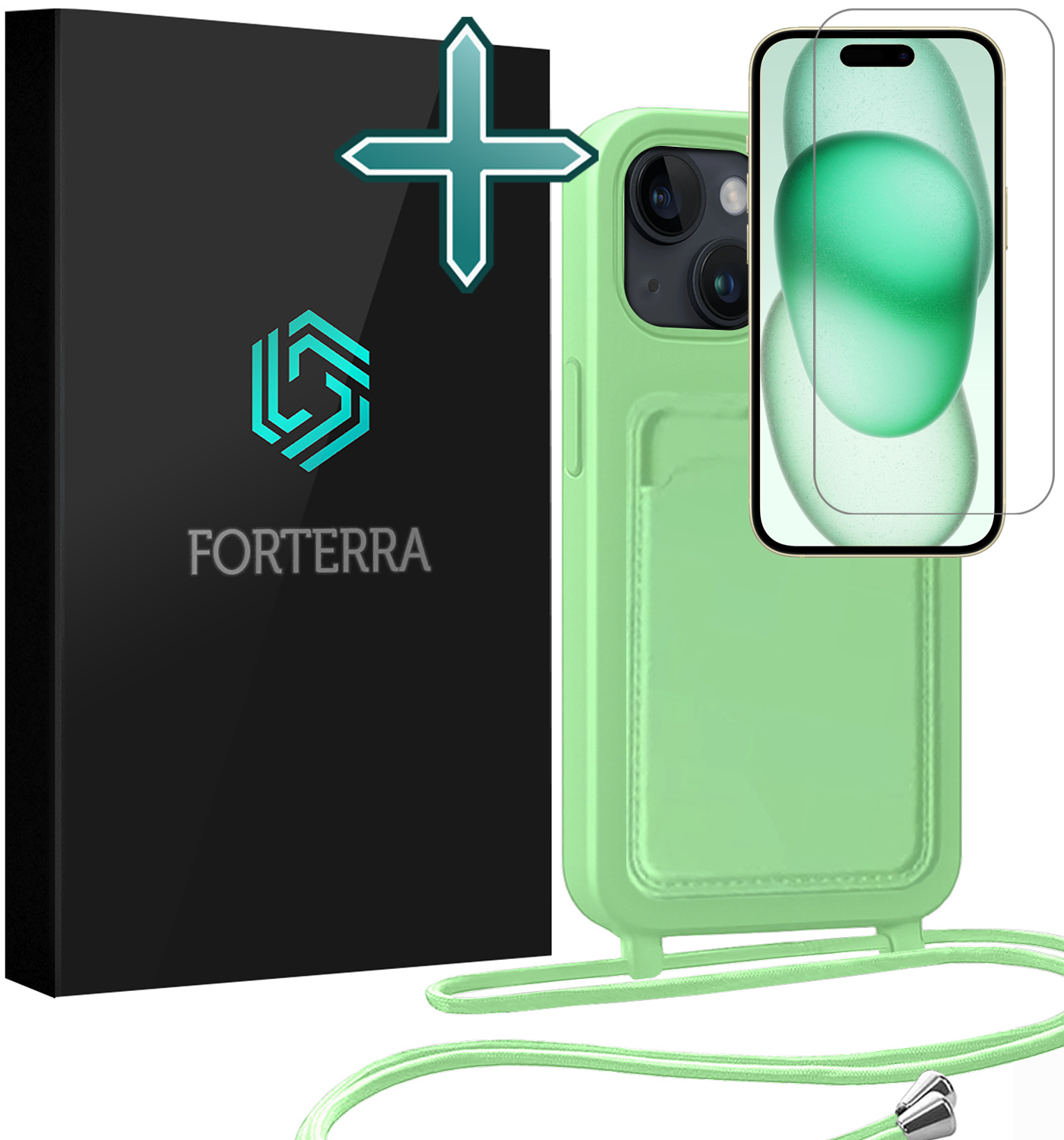 Forterra Forterra iPhone 15 Plus Hoesje Pashouder met Koord Met Screenprotector - Groen