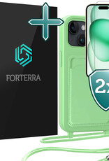 Forterra Forterra iPhone 15 Plus Hoesje Pashouder met Koord Met 2x Screenprotector - Groen