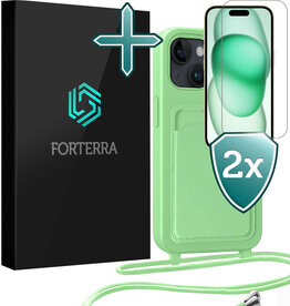 Forterra Forterra iPhone 15 Plus Hoesje Pashouder met Koord Met 2x Screenprotector - Groen