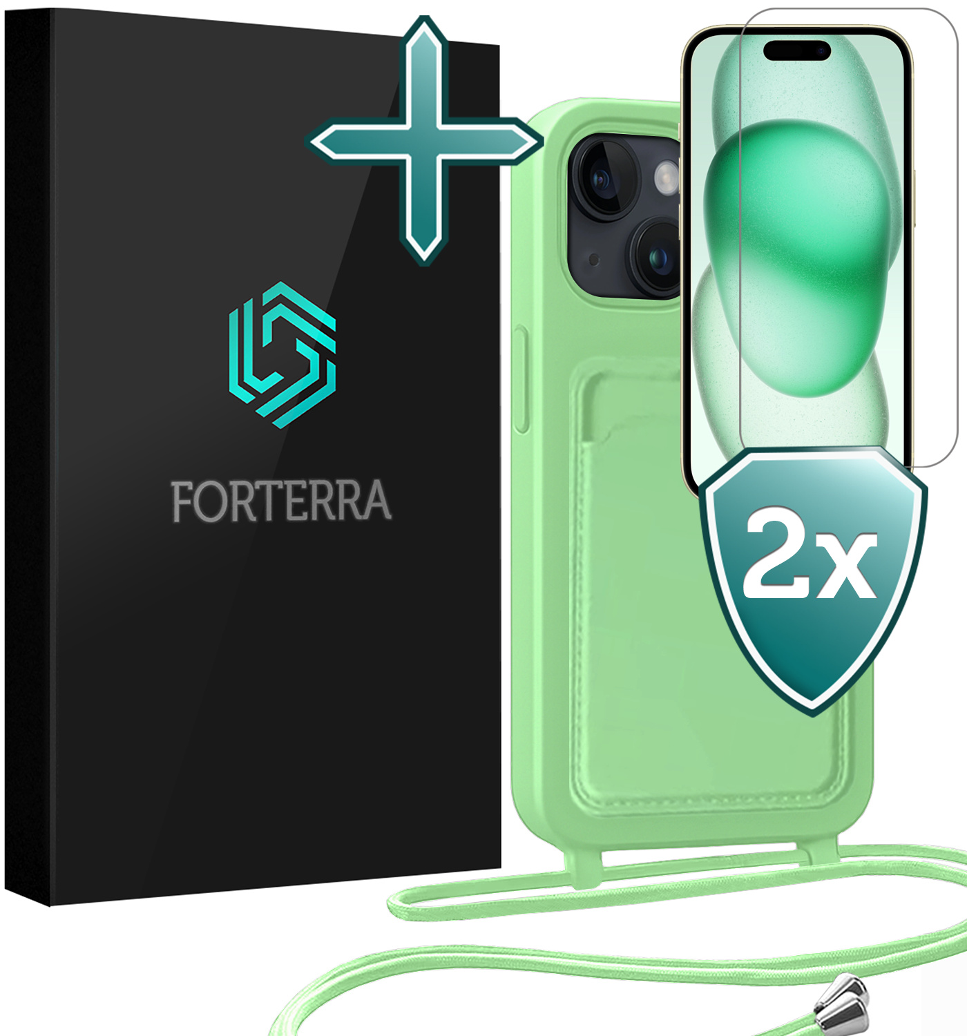 Forterra Forterra iPhone 15 Plus Hoesje Pashouder met Koord Met 2x Screenprotector - Groen