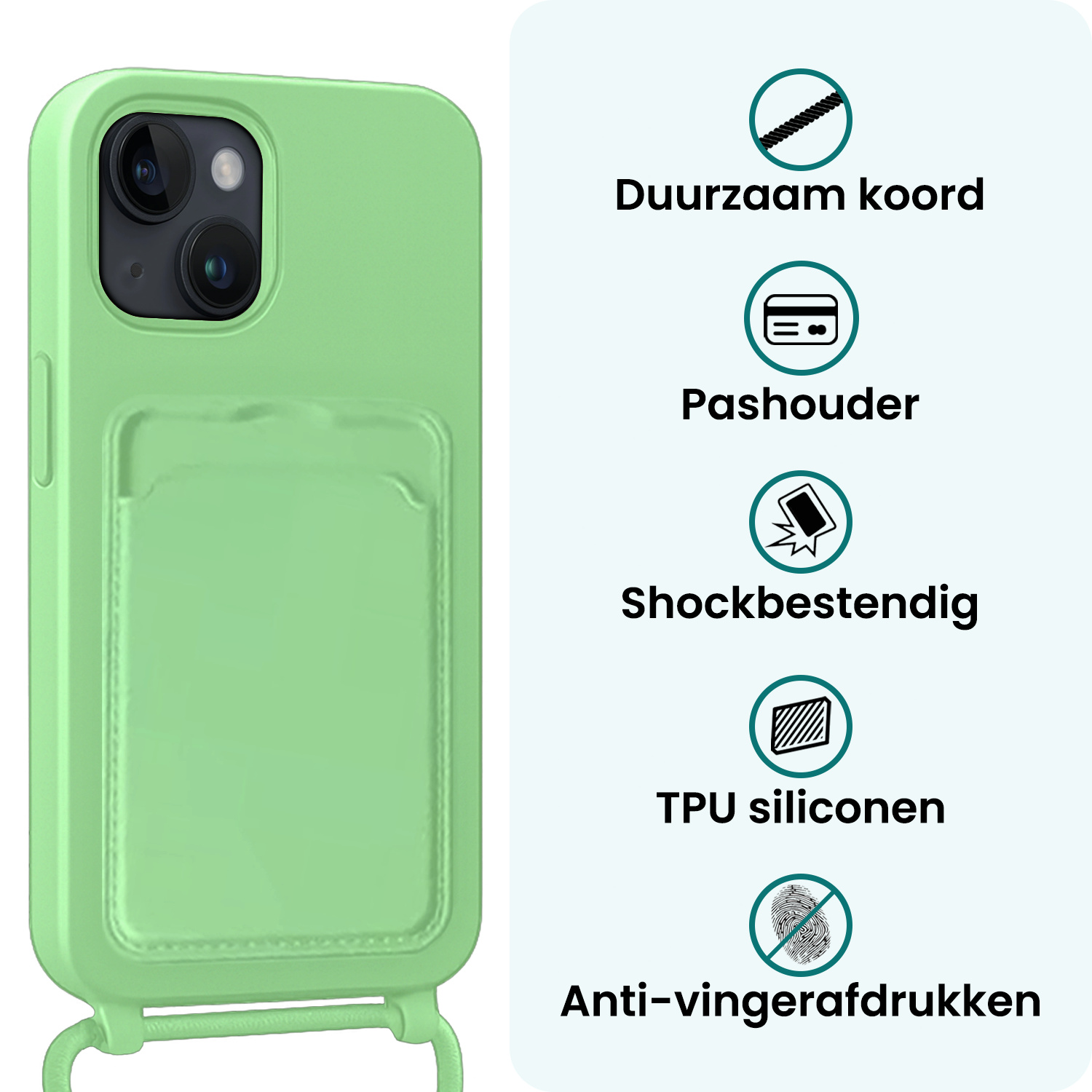 Forterra Forterra iPhone 15 Plus Hoesje Pashouder met Koord Met 2x Screenprotector - Groen