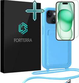 Forterra Forterra iPhone 15 Plus Hoesje Pashouder met Koord Met Screenprotector - Lichtblauw