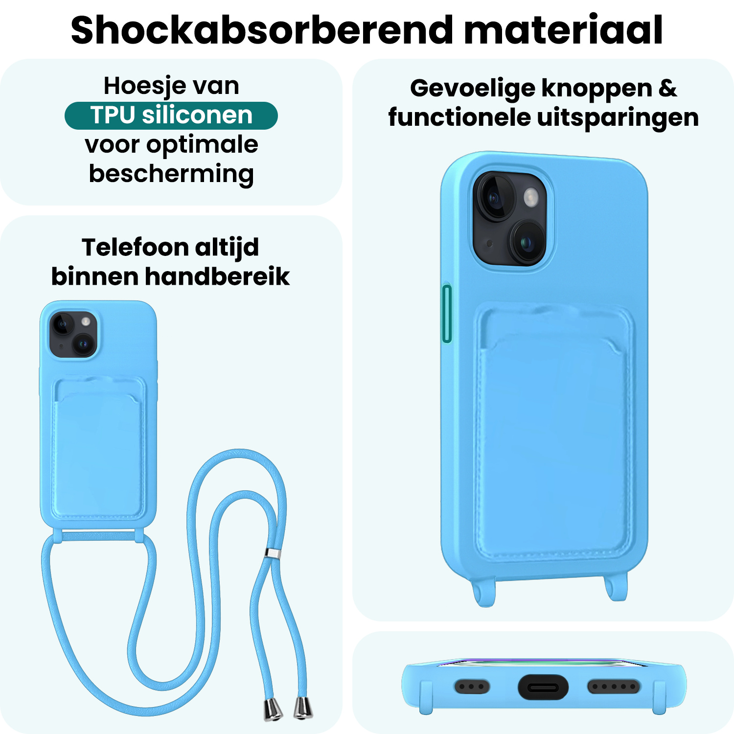 Forterra Forterra iPhone 15 Plus Hoesje Pashouder met Koord Met Screenprotector - Lichtblauw