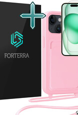 Forterra Forterra iPhone 15 Plus Hoesje Pashouder met Koord Met Screenprotector - Lichtroze