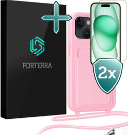 Forterra Forterra iPhone 15 Plus Hoesje Pashouder met Koord Met 2x Screenprotector - Lichtroze