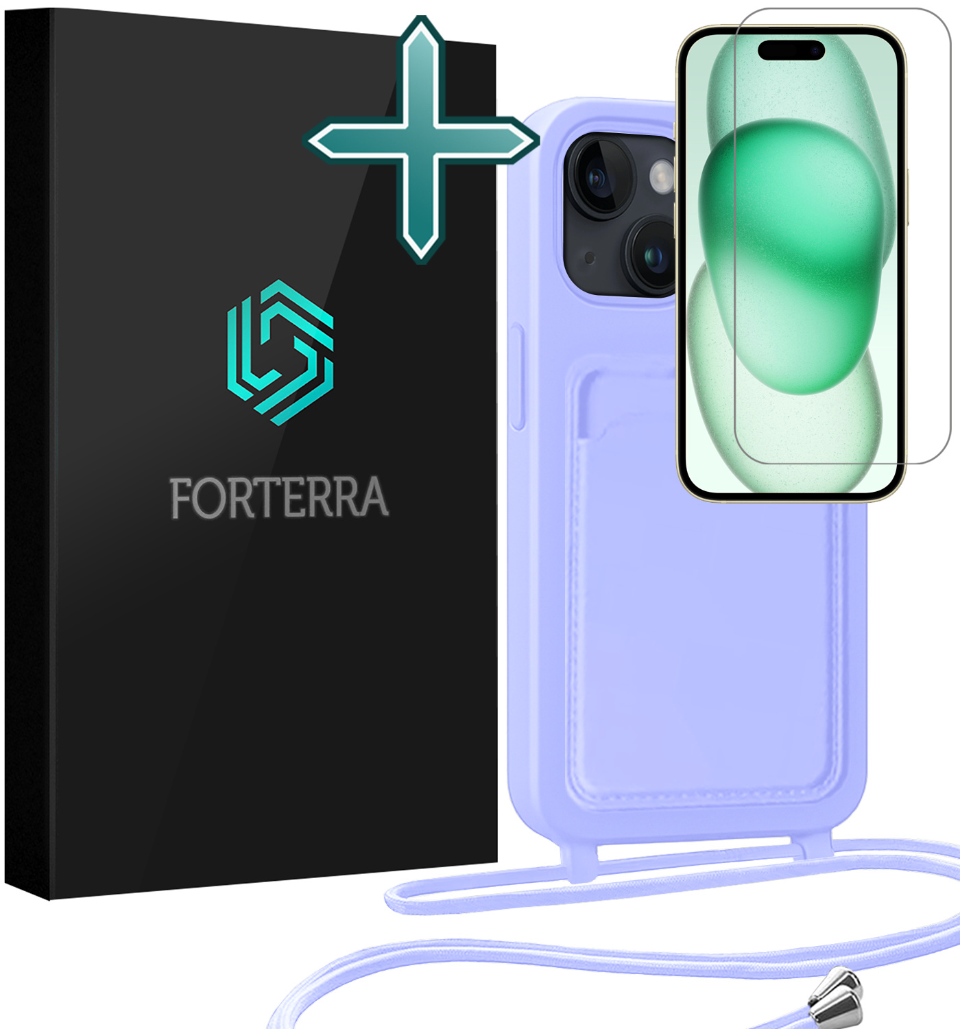 Forterra Forterra iPhone 15 Plus Hoesje Pashouder met Koord Met Screenprotector - Lila