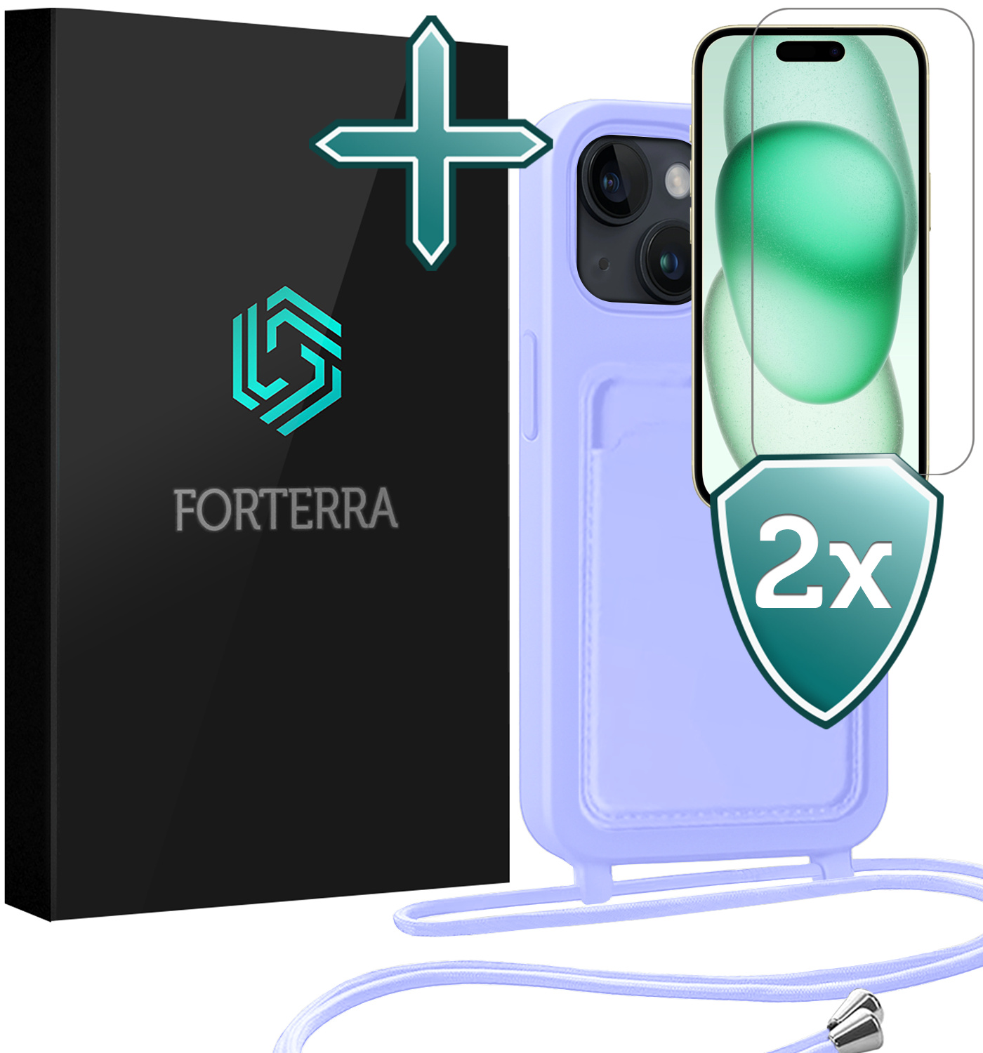 Forterra Forterra iPhone 15 Plus Hoesje Pashouder met Koord Met 2x Screenprotector - Lila