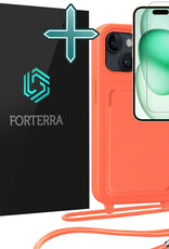 Forterra Forterra iPhone 15 Plus Hoesje Pashouder met Koord Met Screenprotector - Papaya