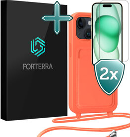 Forterra Forterra iPhone 15 Plus Hoesje Pashouder met Koord Met 2x Screenprotector - Papaya