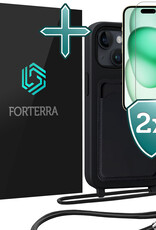 Forterra Forterra iPhone 15 Plus Hoesje Pashouder met Koord Met 2x Screenprotector - Zwart