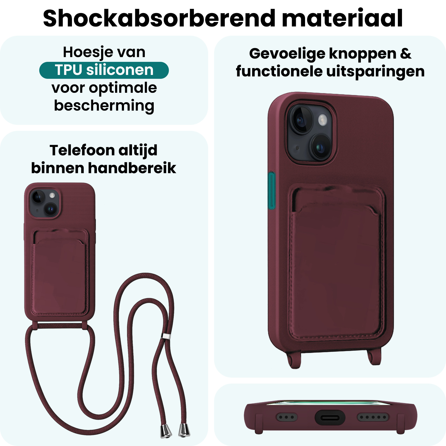 Forterra Forterra iPhone 15 Hoesje Pashouder met Koord - Aubergine - 2 PACK