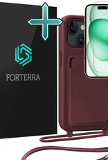 Forterra Forterra iPhone 15 Hoesje Pashouder met Koord Met Screenprotector - Aubergine
