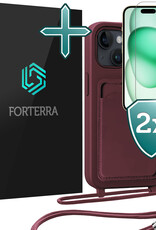 Forterra Forterra iPhone 15 Hoesje Pashouder met Koord Met 2x Screenprotector - Aubergine