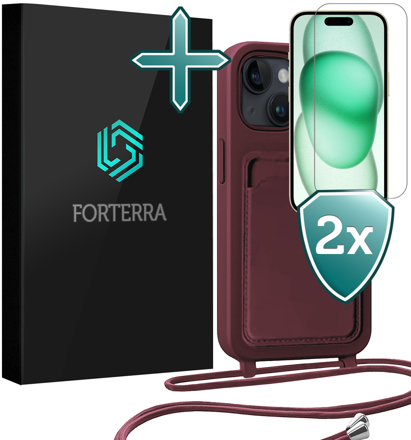 Forterra Forterra iPhone 15 Hoesje Pashouder met Koord Met 2x Screenprotector - Aubergine