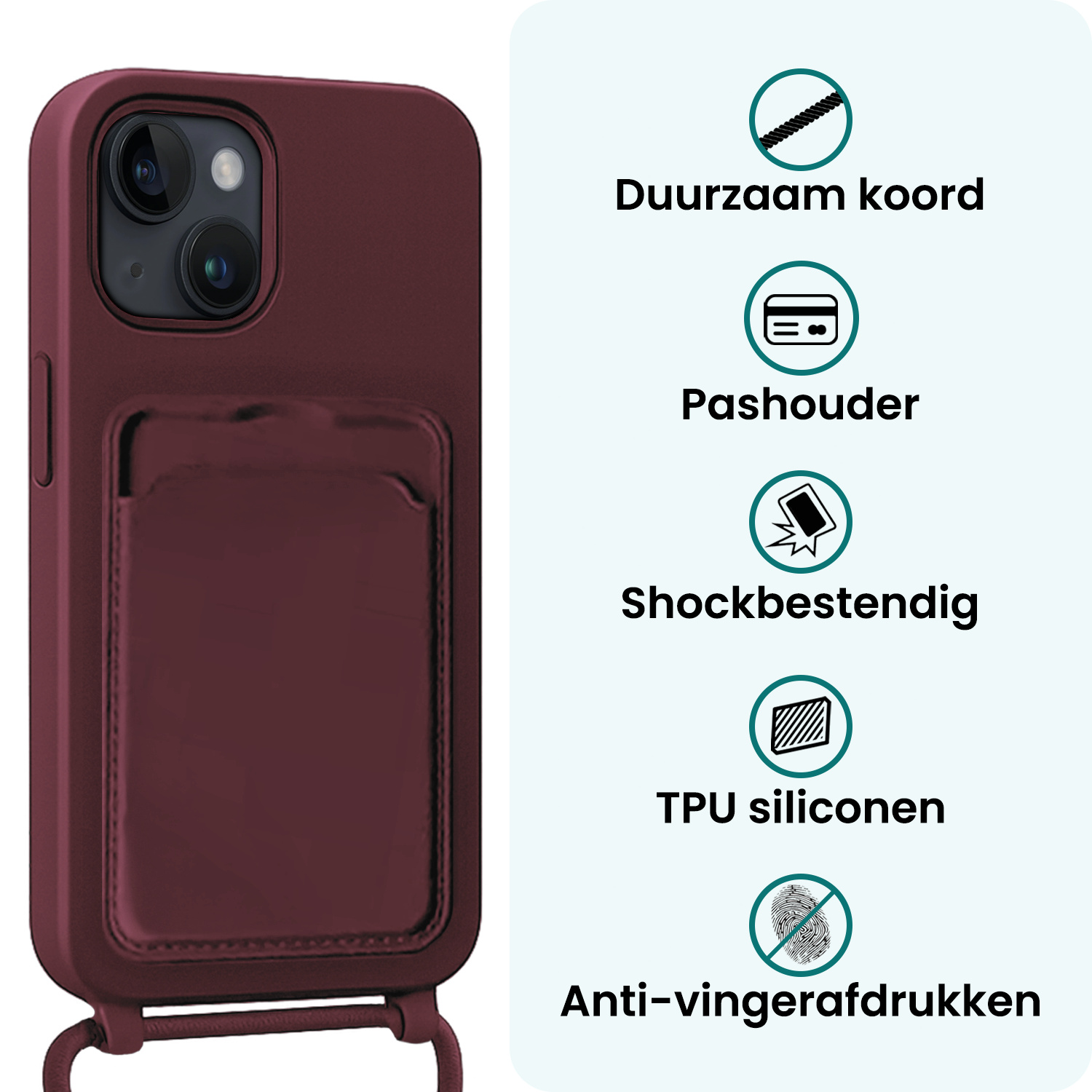 Forterra Forterra iPhone 15 Hoesje Pashouder met Koord Met 2x Screenprotector - Aubergine