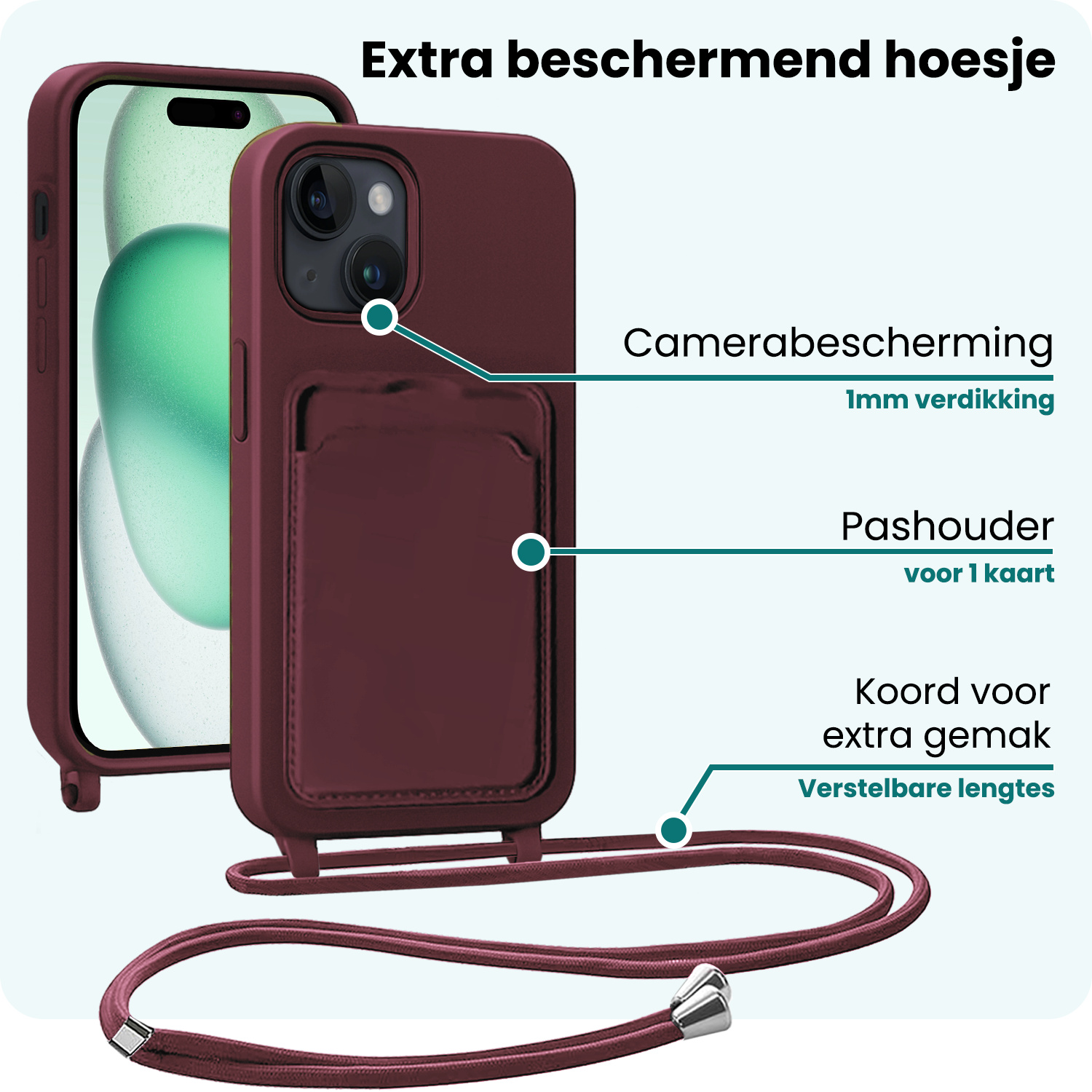 Forterra Forterra iPhone 15 Hoesje Pashouder met Koord Met 2x Screenprotector - Aubergine