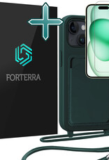 Forterra Forterra iPhone 15 Hoesje Pashouder met Koord Met Screenprotector - Donkergroen