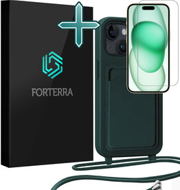 Forterra Forterra iPhone 15 Hoesje Pashouder met Koord Met Screenprotector - Donkergroen