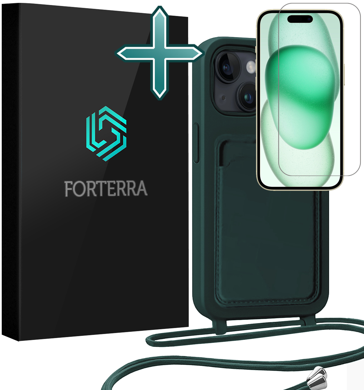 Forterra Forterra iPhone 15 Hoesje Pashouder met Koord Met Screenprotector - Donkergroen