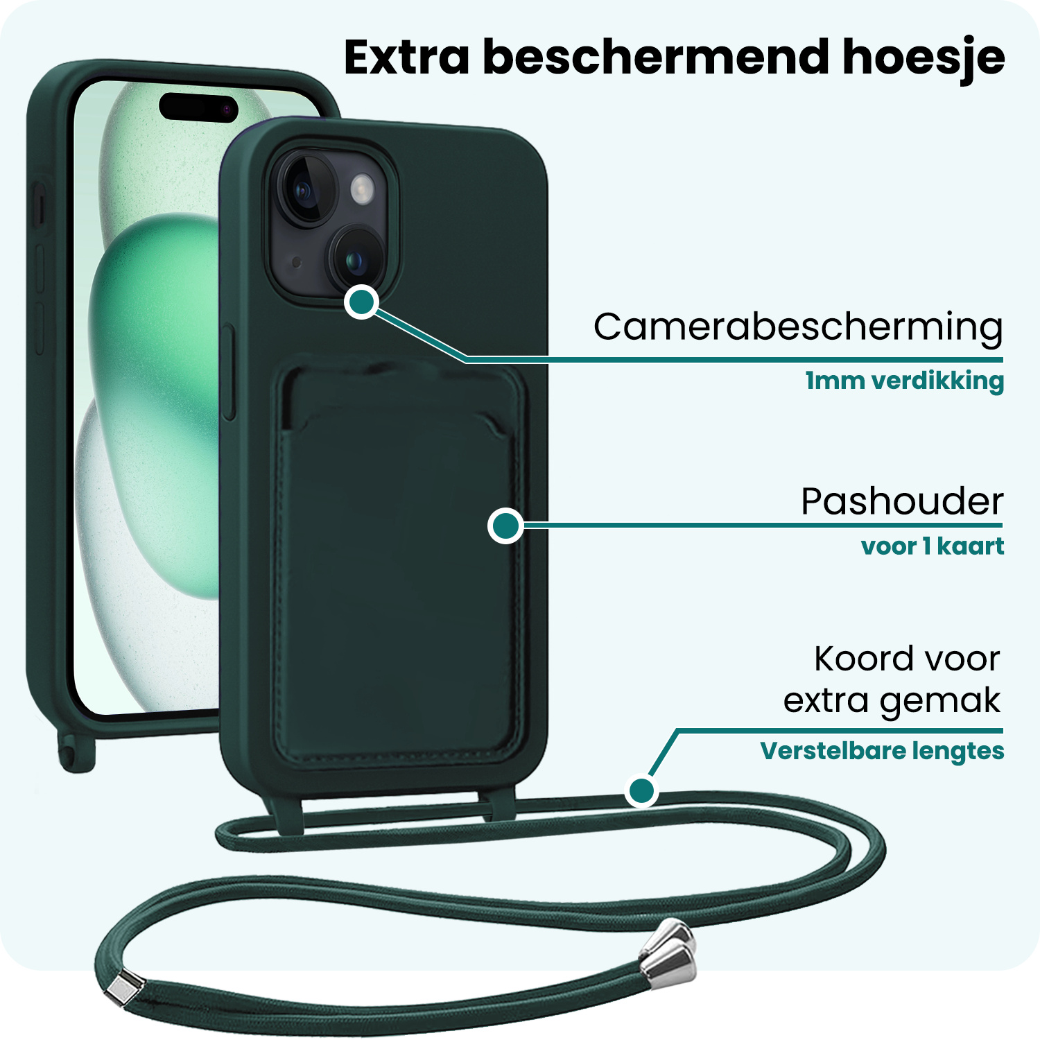 Forterra Forterra iPhone 15 Hoesje Pashouder met Koord Met Screenprotector - Donkergroen