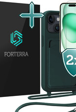Forterra Forterra iPhone 15 Hoesje Pashouder met Koord Met 2x Screenprotector - Donkergroen