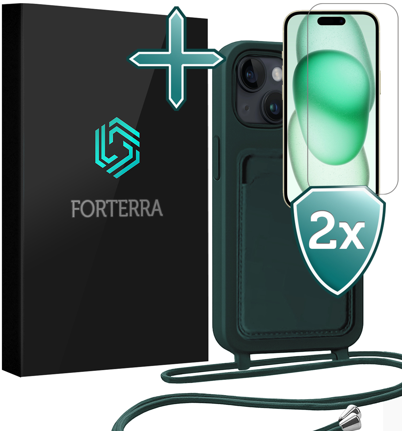 Forterra Forterra iPhone 15 Hoesje Pashouder met Koord Met 2x Screenprotector - Donkergroen