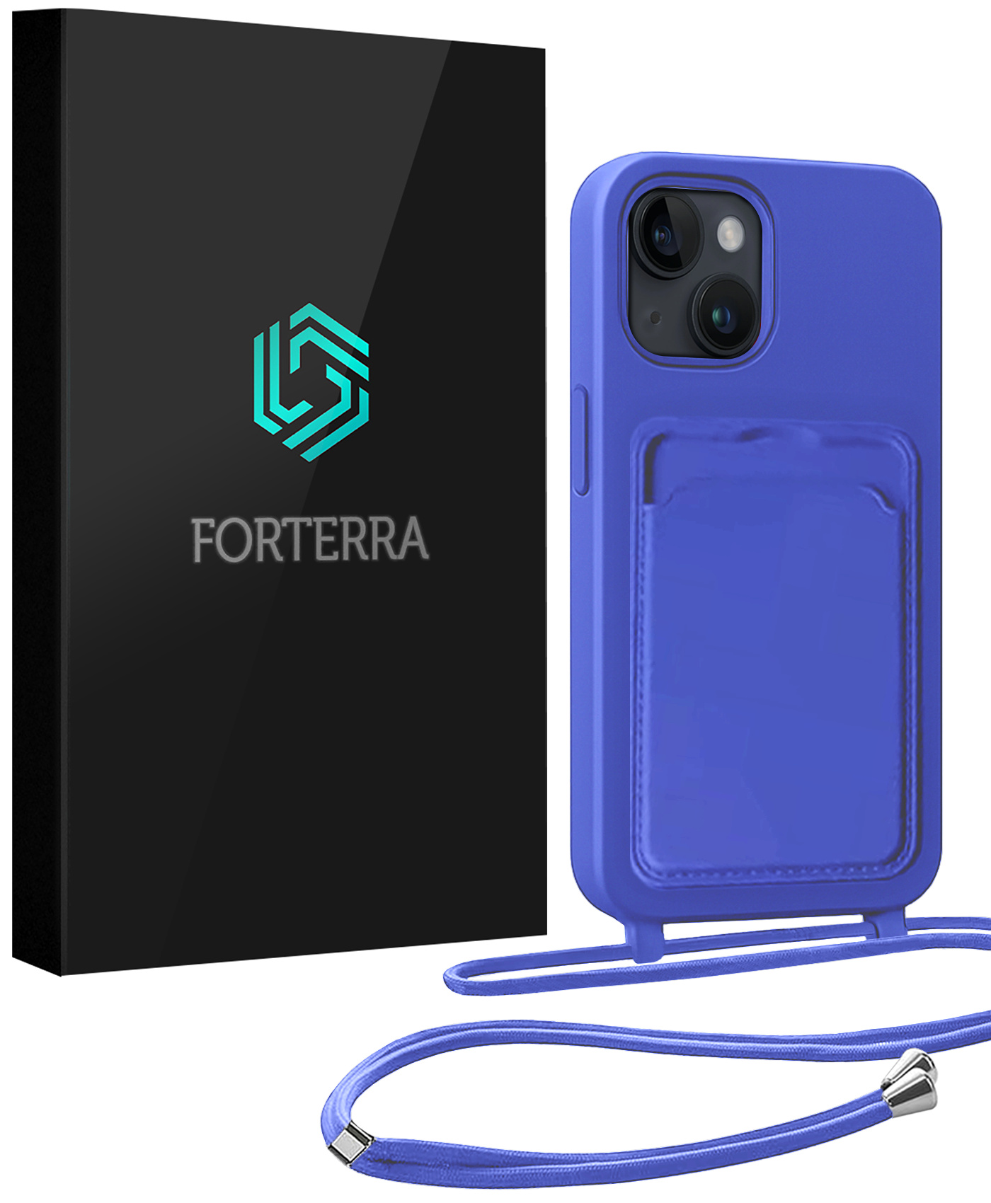 Forterra Forterra iPhone 15 Hoesje Pashouder met Koord - Fel Blauw
