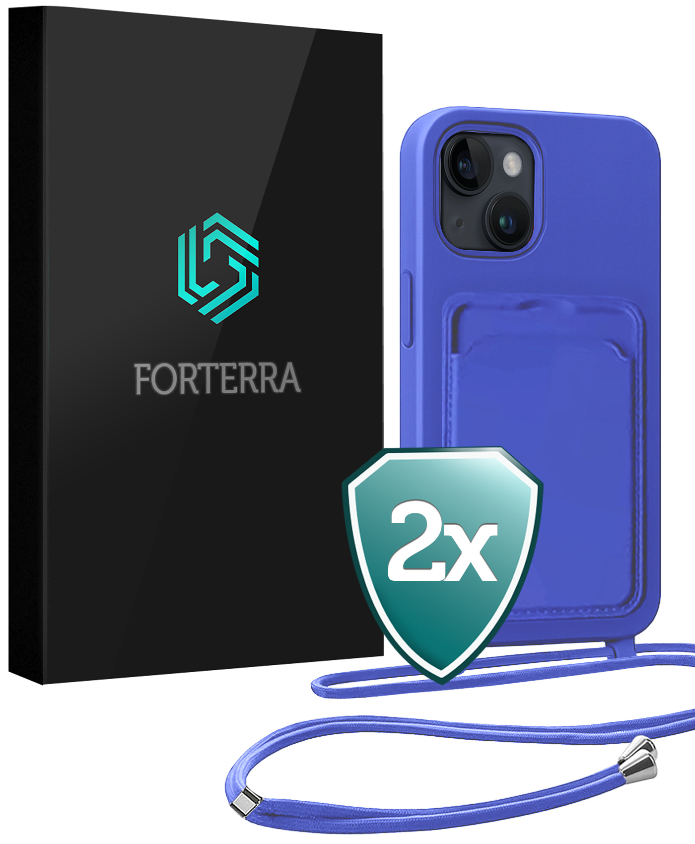 Forterra Forterra iPhone 15 Hoesje Pashouder met Koord - Fel Blauw - 2 PACK