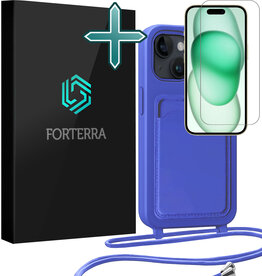Forterra Forterra iPhone 15 Hoesje Pashouder met Koord Met Screenprotector - Fel Blauw