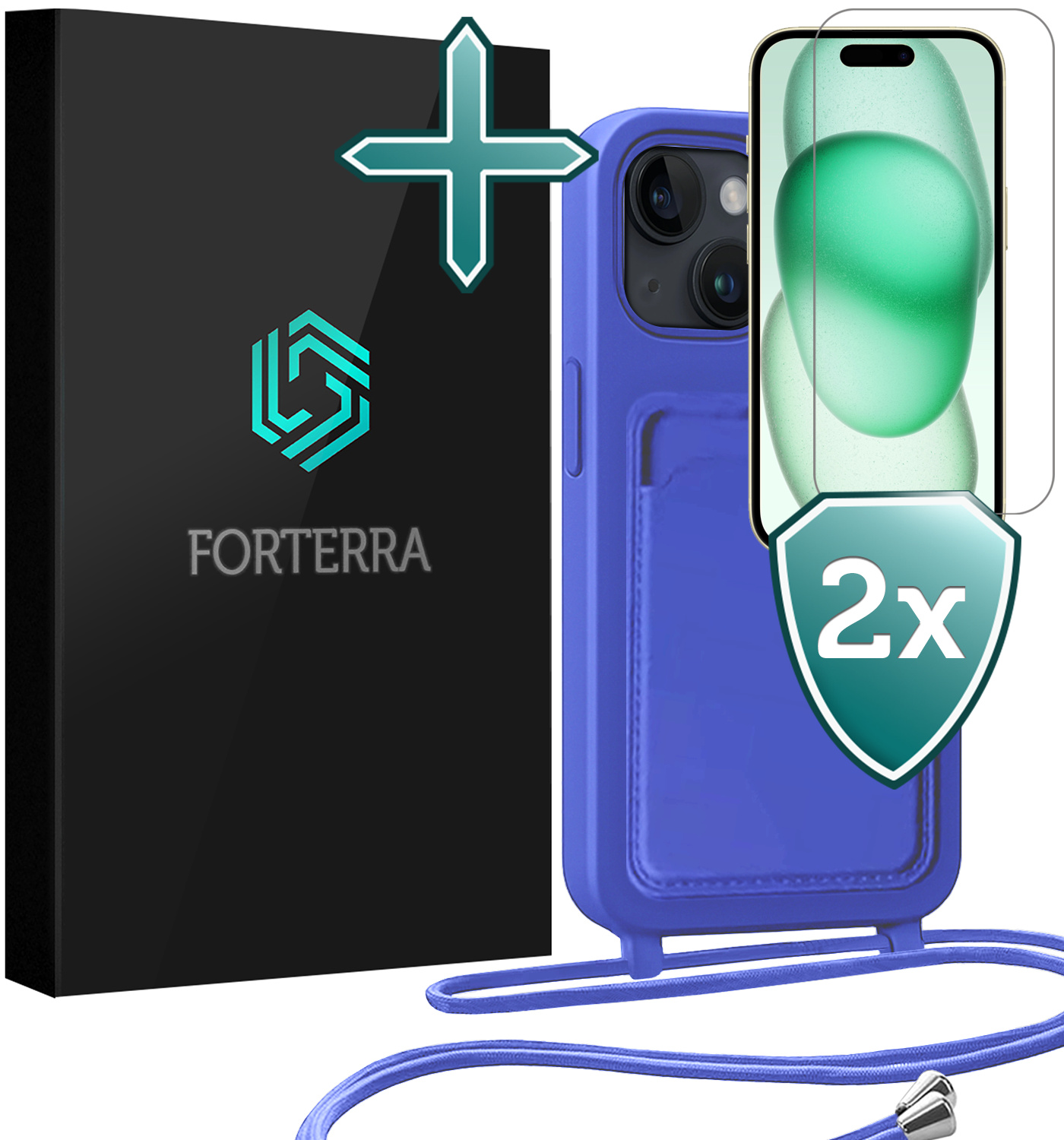 Forterra Forterra iPhone 15 Hoesje Pashouder met Koord Met 2x Screenprotector - Fel Blauw