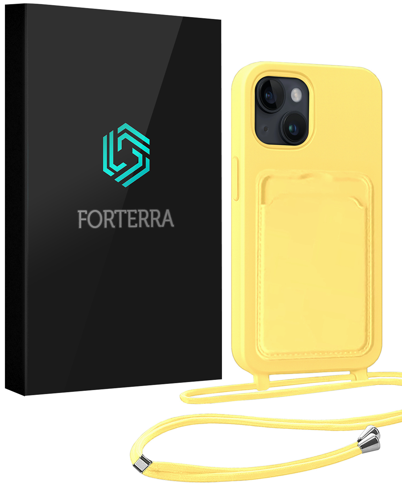 Forterra Forterra iPhone 15 Hoesje Pashouder met Koord - Geel
