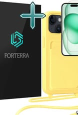 Forterra Forterra iPhone 15 Hoesje Pashouder met Koord Met Screenprotector - Geel