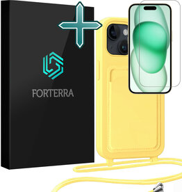 Forterra Forterra iPhone 15 Hoesje Pashouder met Koord Met Screenprotector - Geel