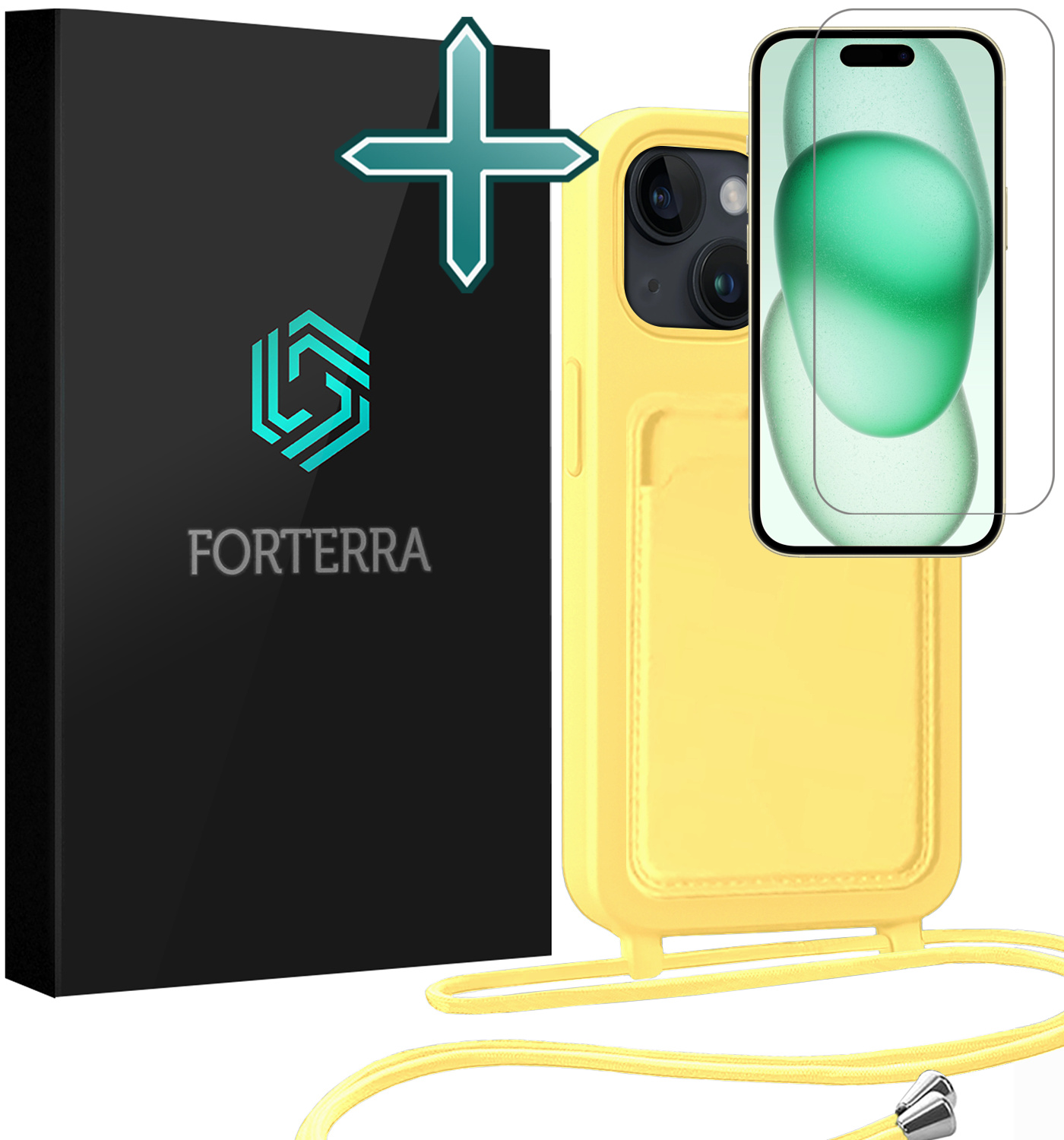 Forterra Forterra iPhone 15 Hoesje Pashouder met Koord Met Screenprotector - Geel