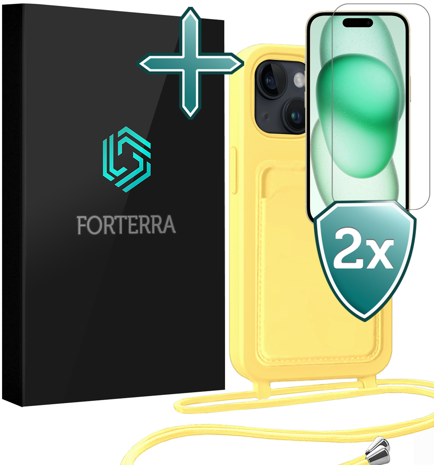 Forterra Forterra iPhone 15 Hoesje Pashouder met Koord Met 2x Screenprotector - Geel