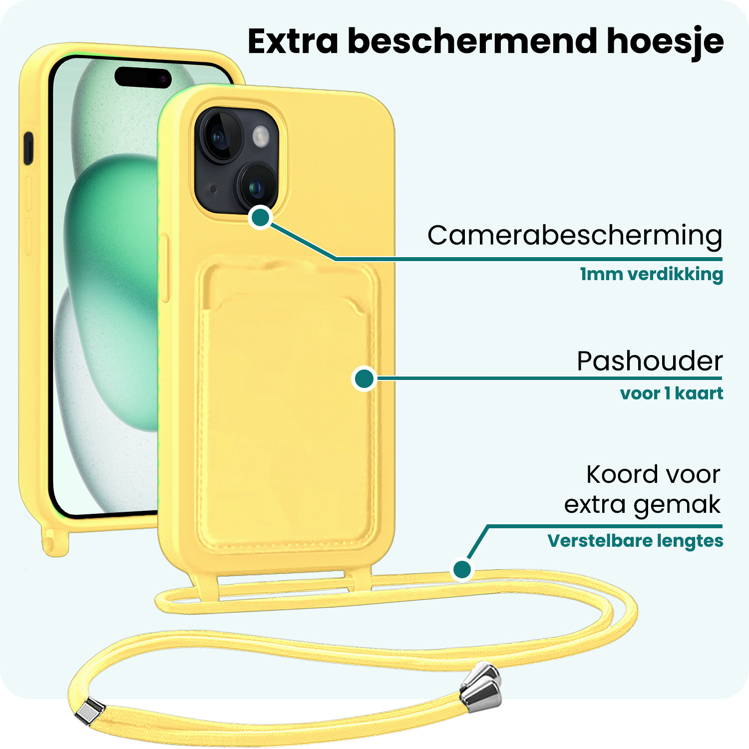 Forterra Forterra iPhone 15 Hoesje Pashouder met Koord Met 2x Screenprotector - Geel