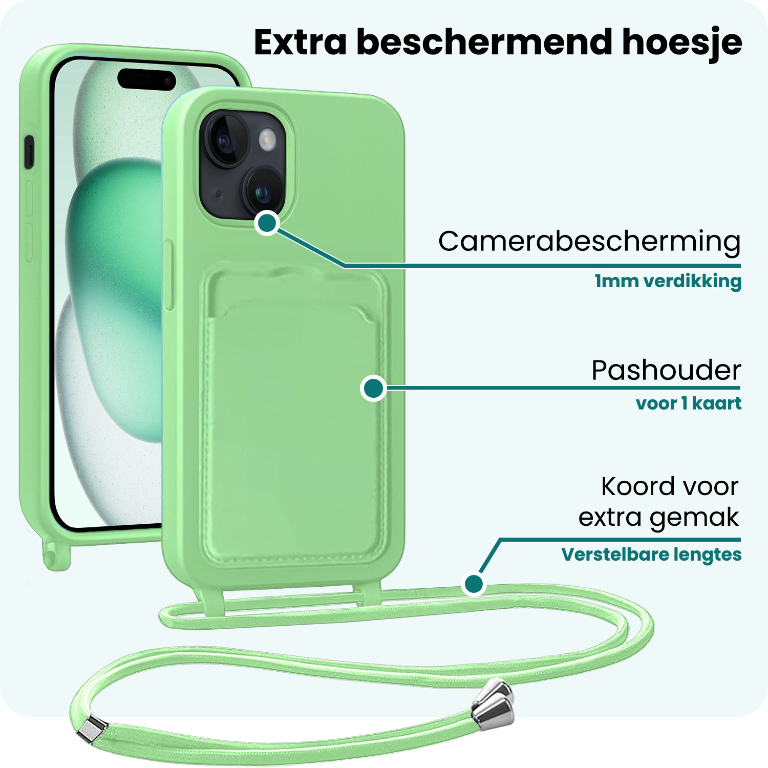 Forterra Forterra iPhone 15 Hoesje Pashouder met Koord Met Screenprotector - Groen