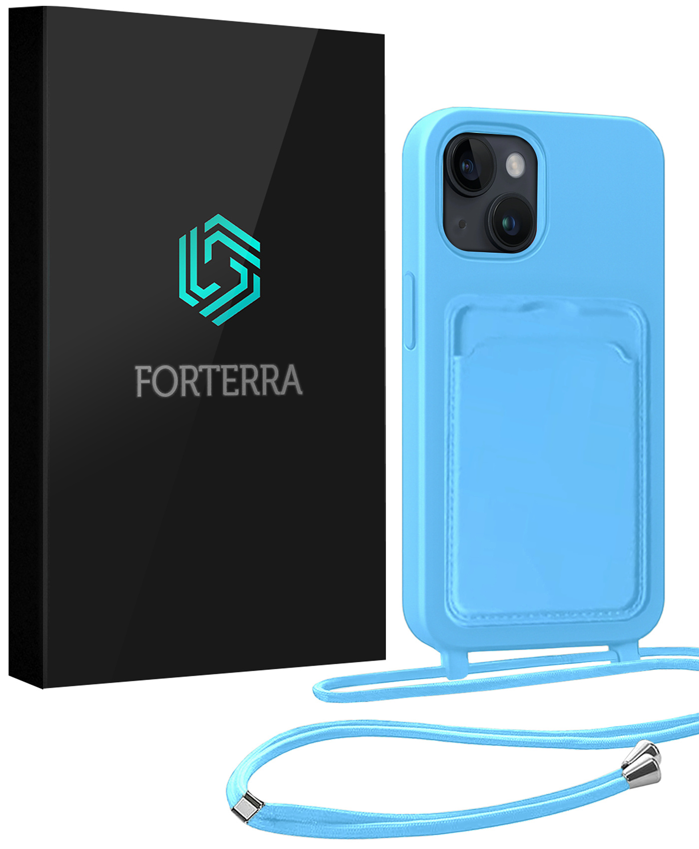 Forterra Forterra iPhone 15 Hoesje Pashouder met Koord - Lichtblauw