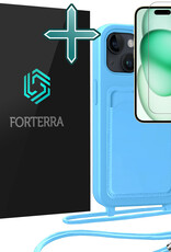Forterra Forterra iPhone 15 Hoesje Pashouder met Koord Met Screenprotector - Lichtblauw