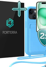 Forterra Forterra iPhone 15 Hoesje Pashouder met Koord Met 2x Screenprotector - Lichtblauw