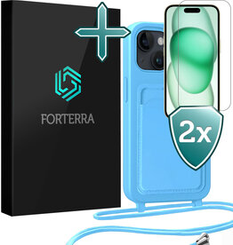 Forterra Forterra iPhone 15 Hoesje Pashouder met Koord Met 2x Screenprotector - Lichtblauw