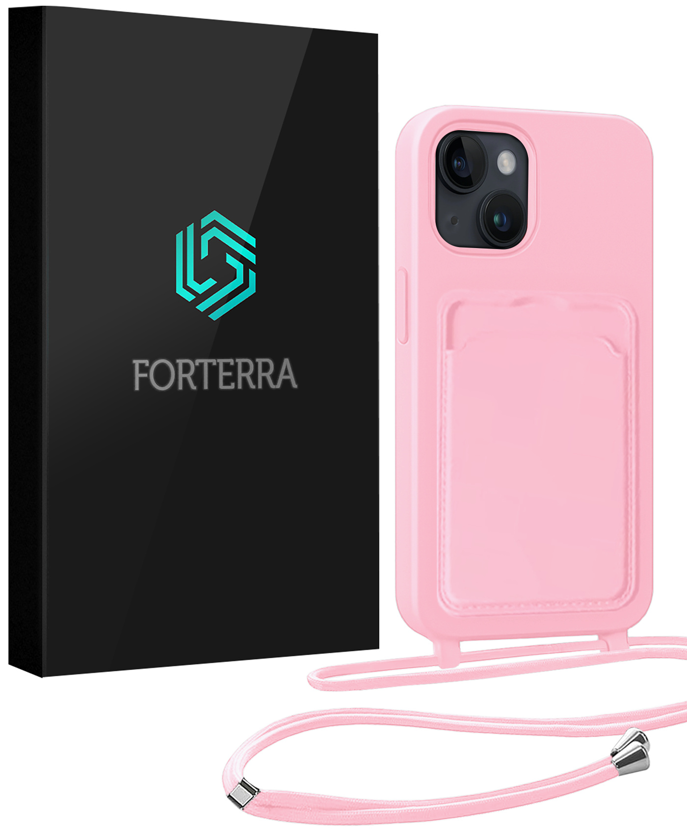Forterra Forterra iPhone 15 Hoesje Pashouder met Koord - Lichtroze