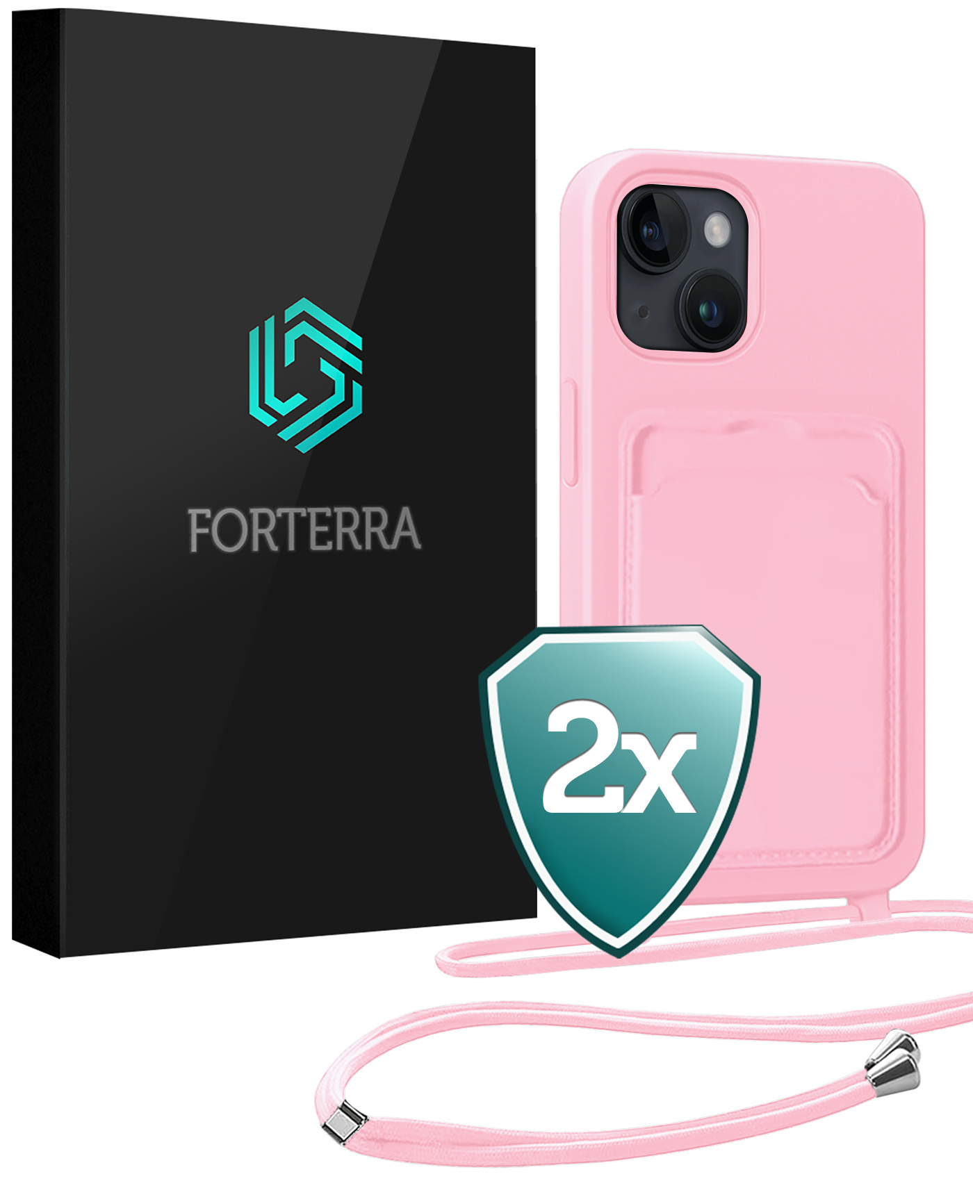 Forterra Forterra iPhone 15 Hoesje Pashouder met Koord - Lichtroze - 2 PACK