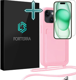 Forterra Forterra iPhone 15 Hoesje Pashouder met Koord Met Screenprotector - Lichtroze