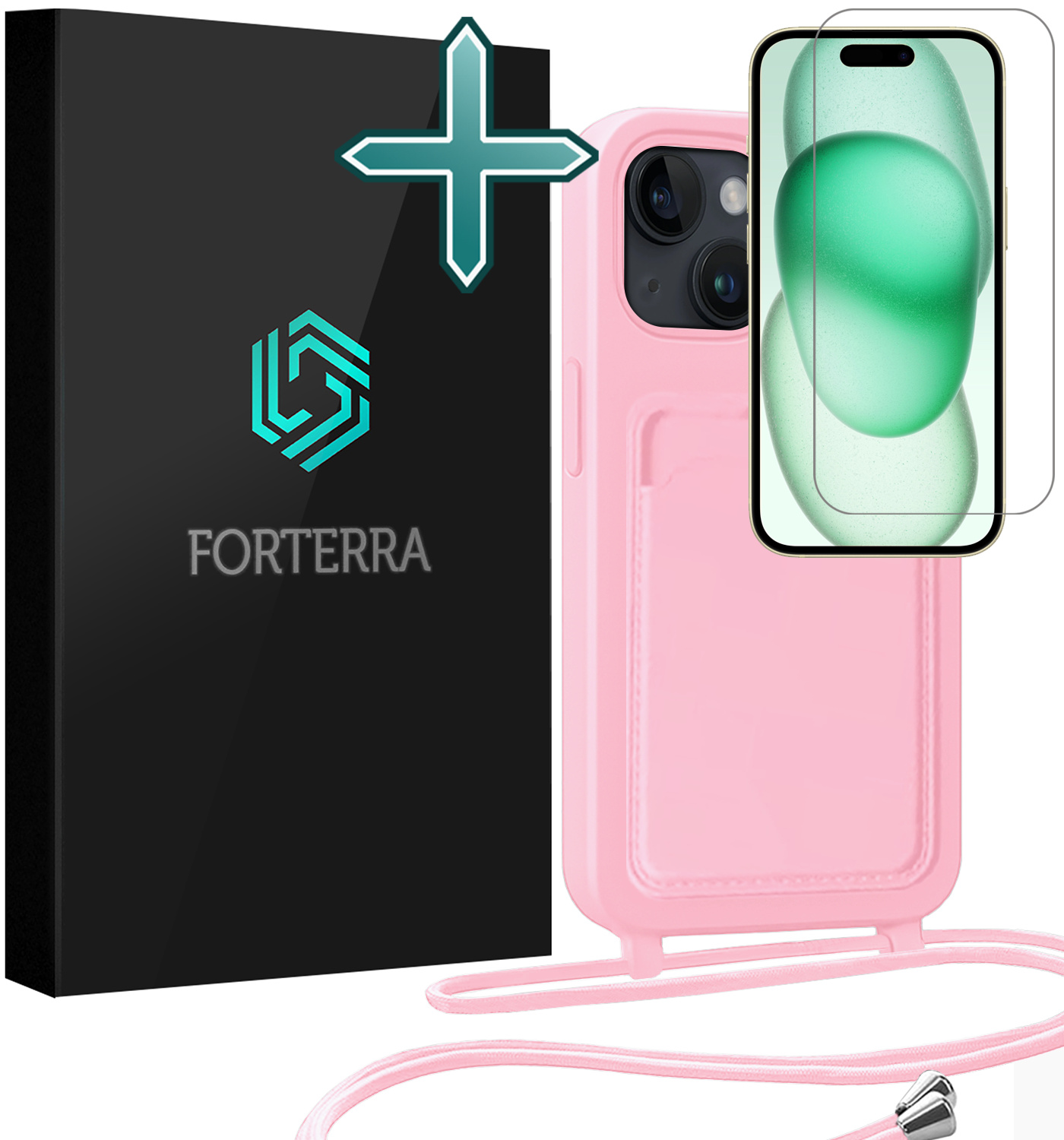 Forterra Forterra iPhone 15 Hoesje Pashouder met Koord Met Screenprotector - Lichtroze